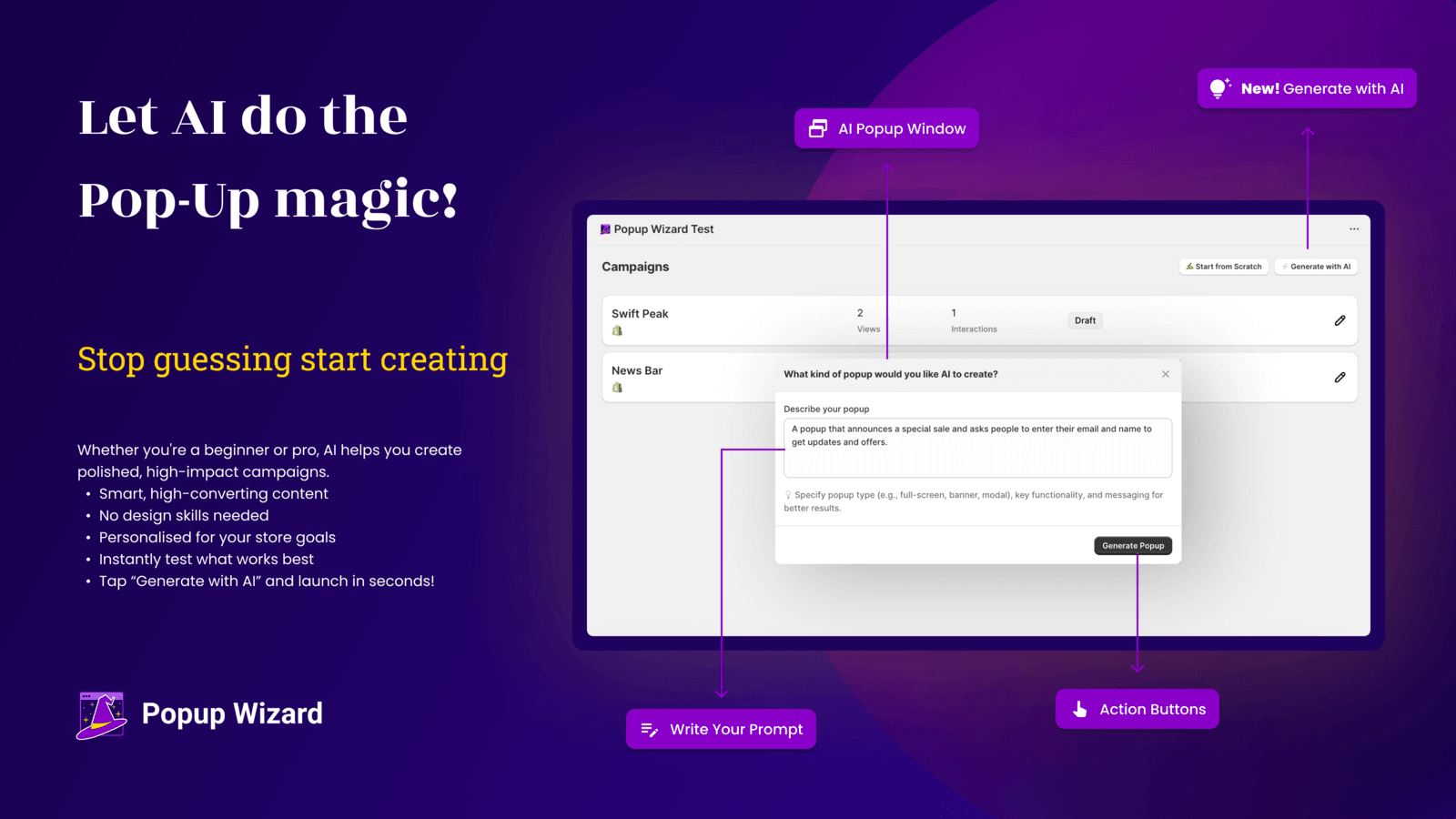 Popup Wizard AI Feature - Let AI do the Pop-Up magic! Generate high-converting popups instantly with AI-powered prompts.